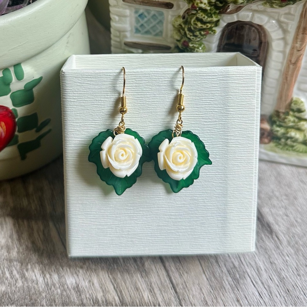 Handmade white rose earrings